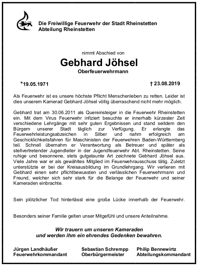 Traueranzeige Gebhard Joehsel